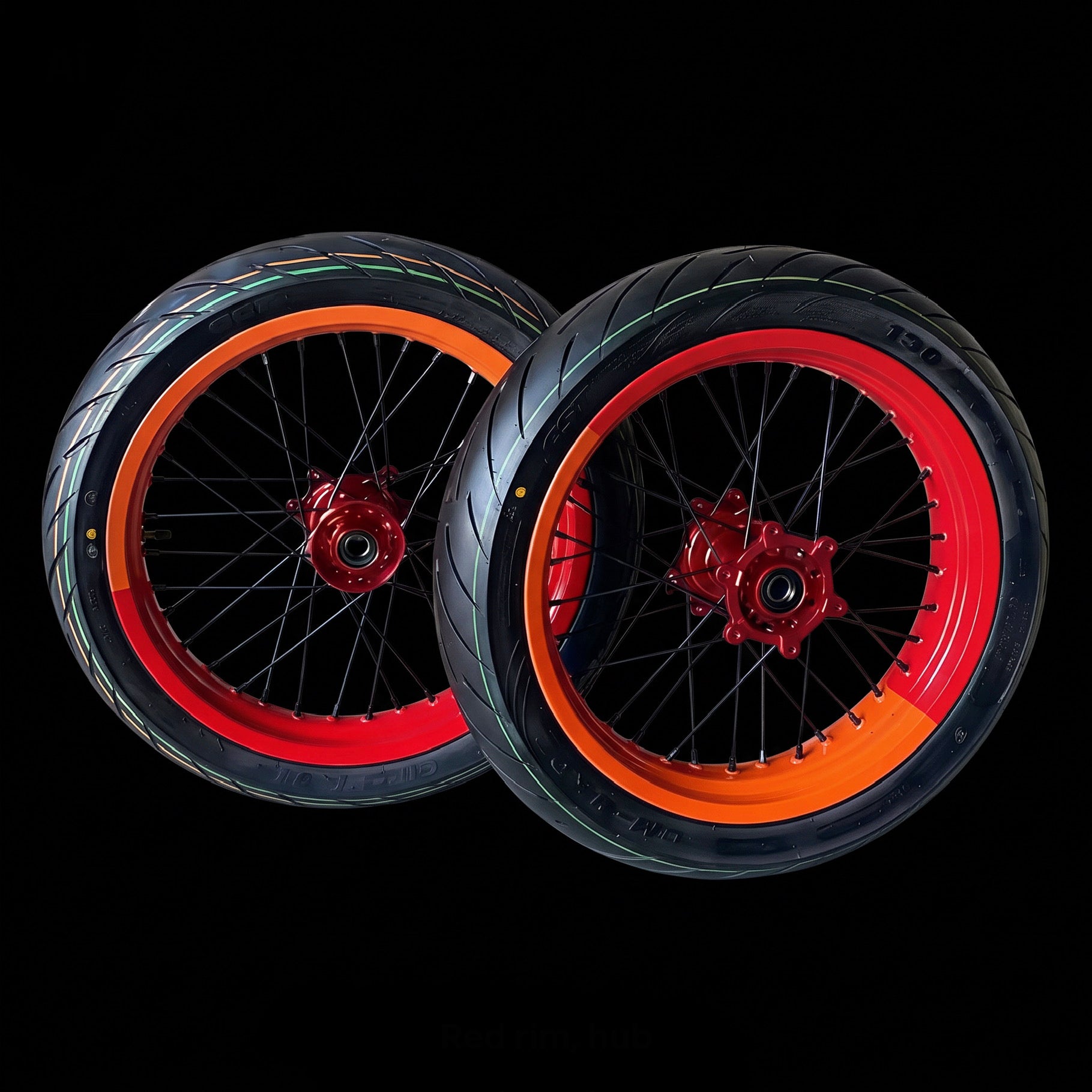 Surron Ultra Bee 17 inch Supermoto Wheels - Half Red, Half Orange, Red Hub