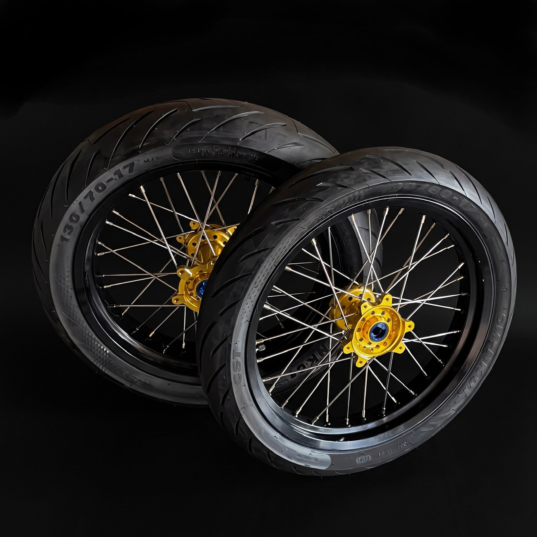 Surron Ultra Bee 17 inch Supermoto Wheels - Black Rims, Chrome Spokes, Gold Hub